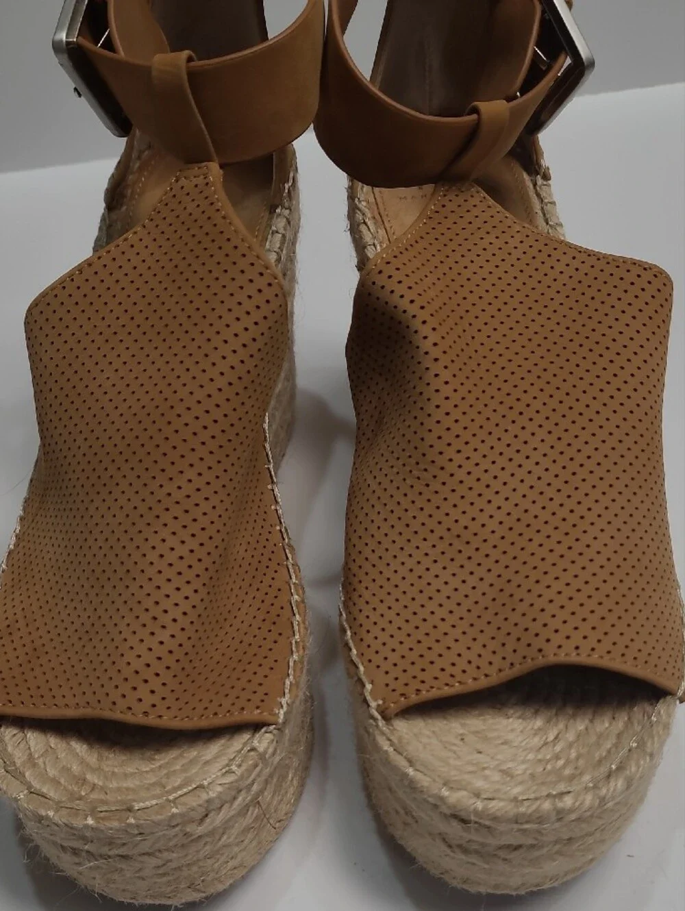 Marc Fisher Tan Leather Perforated Espadrille Platform Wedge Sandals - Size 8.5